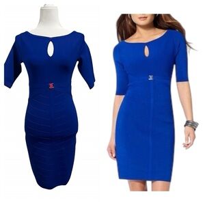 Cache Womens Sheath Dress Elbow Sleeve Keyhole Neck Ribbed Belted Blue Size XS
